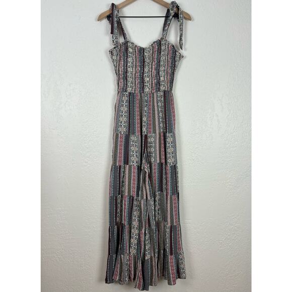 Storia Patchwork Boho Smocked Tie Strap Wide Leg Jumpsuit Size Small - Picture 1 of 5